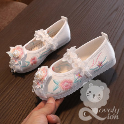 Giày vải cổ trang cho bé gái màu trắng thêu hoa hồng