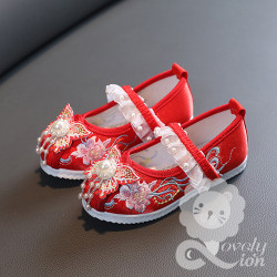 Giày vải cổ trang màu đỏ thêu hoa cho bé gái