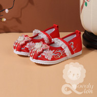 Giày vải cổ trang màu đỏ thêu hoa cho bé gái