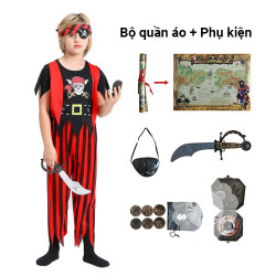Bộ hóa trang cướp biển màu đỏ đen + phụ kiện, trang phục Halloween