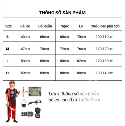 Bộ hóa trang cướp biển màu đỏ đen + phụ kiện, trang phục Halloween Bộ hóa trang cướp biển màu đỏ đen + phụ kiện, trang phục Halloween