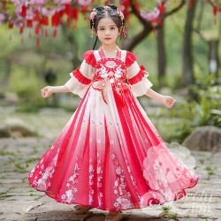 Đầm công chúa màu đỏ thêu hoa cho bé gái(không kèm khăn choàng)