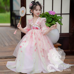 Đầm công chúa màu hồng cam thêu hoa cho bé gái (không kèm khăn choàng)