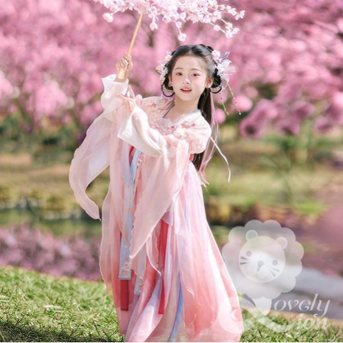 Bộ váy công chúa màu hồng tay dài phong cách cổ trang