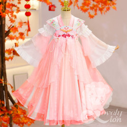 Đầm Hán phục công chúa màu hồng tay dài cho bé gái+tặng kèm khăn choàng