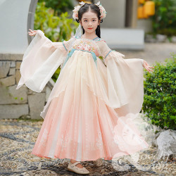 Hán phục hồng tay rộng cho bé gái+tặng khăn choàng