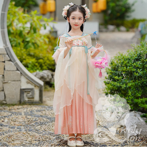 Hán phục hồng tay rộng cho bé gái+tặng khăn choàng Hán phục hồng tay rộng cho bé gái+tặng khăn choàng