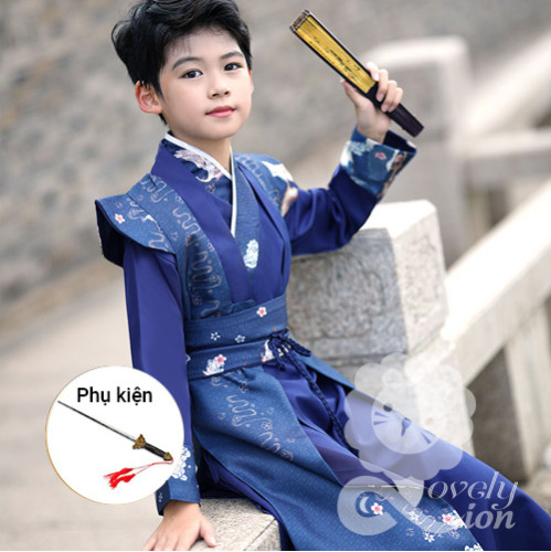 Hán phục nam màu xanh dương cho bé + tặng phụ kiện như hình Hán phục nam màu xanh dương cho bé + tặng phụ kiện như hình