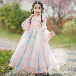 Đầm hán phục trắng hồng tay dài cho bé gái (không kèm khăn choàng)