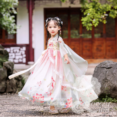Hán phục màu trắng hồng cho bé gái+tặng kẹp tóc Hán phục màu trắng hồng cho bé gái+tặng kẹp tóc