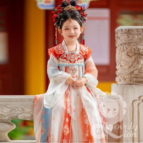 Bộ váy công chúa màu đỏ xanh phong cách cổ trang cho bé gái+khoăn choàng