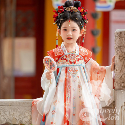 Bộ váy công chúa màu đỏ xanh phong cách cổ trang cho bé gái+khoăn choàng