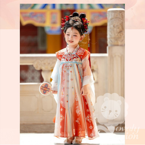 Bộ váy công chúa màu đỏ xanh phong cách cổ trang cho bé gái+khoăn choàng