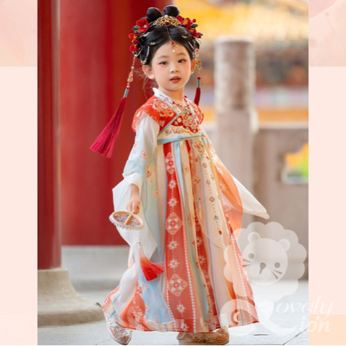 Bộ váy công chúa màu đỏ xanh phong cách cổ trang cho bé gái+khoăn choàng