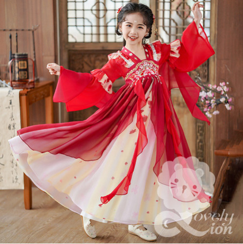 Hán phục màu đỏ tay dài cho bé gái+tặng kẹp tóc Hán phục màu đỏ tay dài cho bé gái+tặng kẹp tóc