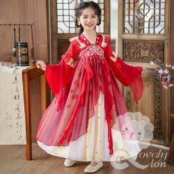 Hán phục màu đỏ tay dài cho bé gái+tặng kẹp tóc