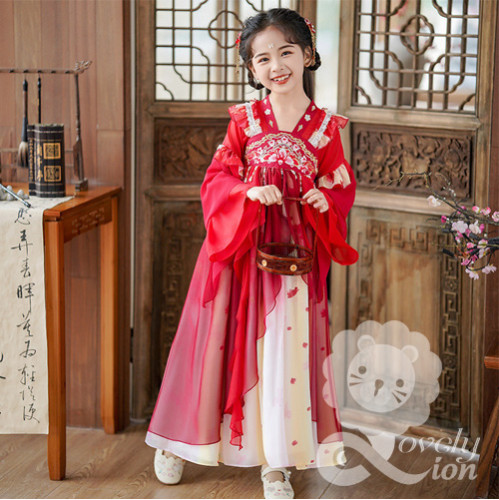 Hán phục màu đỏ tay dài cho bé gái+tặng kẹp tóc Hán phục màu đỏ tay dài cho bé gái+tặng kẹp tóc