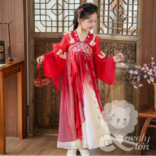 Hán phục màu đỏ tay dài cho bé gái+tặng kẹp tóc Hán phục màu đỏ tay dài cho bé gái+tặng kẹp tóc