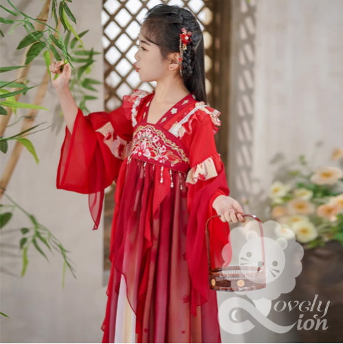 Hán phục màu đỏ tay dài cho bé gái+tặng kẹp tóc Hán phục màu đỏ tay dài cho bé gái+tặng kẹp tóc