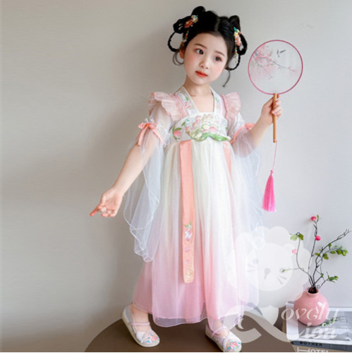 Đầm hán phục công chúa màu hồng cho bé gái+tặng kẹp tóc vải