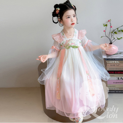 Đầm hán phục công chúa màu hồng cho bé gái+tặng kẹp tóc vải