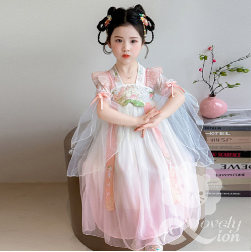 Đầm hán phục công chúa màu hồng cho bé gái+tặng kẹp tóc vải