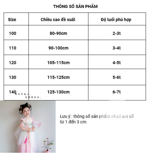 Đầm hán phục công chúa màu hồng cho bé gái+tặng kẹp tóc vải