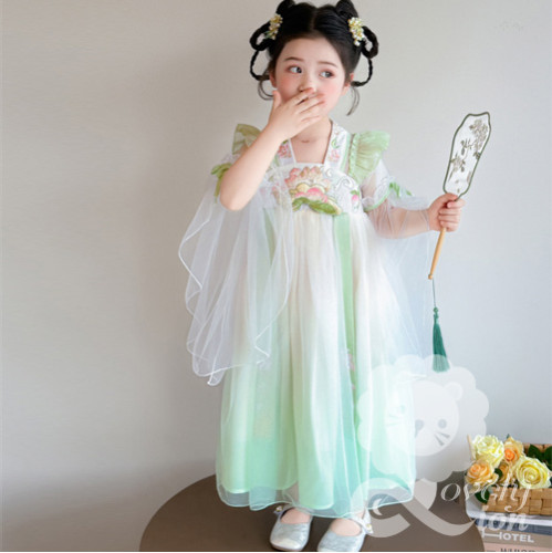 Đầm hán phục công chúa màu xanh lá cho bé gái+tặng kẹp tóc vải