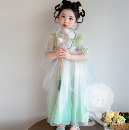 Đầm hán phục công chúa màu xanh lá cho bé gái+tặng kẹp tóc vải