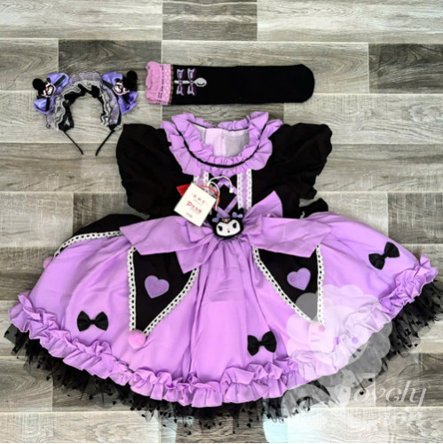 Bộ váy Sanrio Kuromi Lolita cho bé gái + tặng băng đô + đôi vớ Bộ váy Sanrio Kuromi Lolita cho bé gái + tặng băng đô + đôi vớ