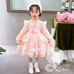 Bộ váy công chúa Lolita màu hồng cam cho bé gái+cài tóc như hình