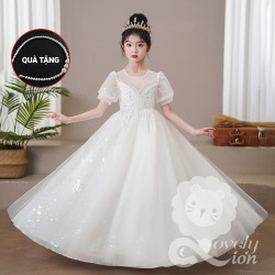 Đầm công chúa màu trắng thêu hoa cho bé gái+tặng băng đô như hình