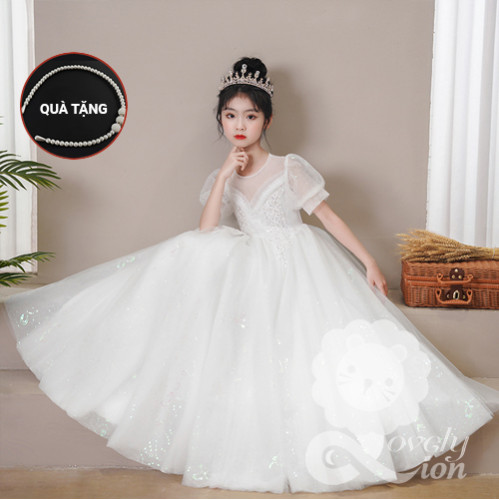 Đầm công chúa màu trắng thêu hoa cho bé gái+tặng băng đô như hình Đầm công chúa màu trắng thêu hoa cho bé gái+tặng băng đô như hình