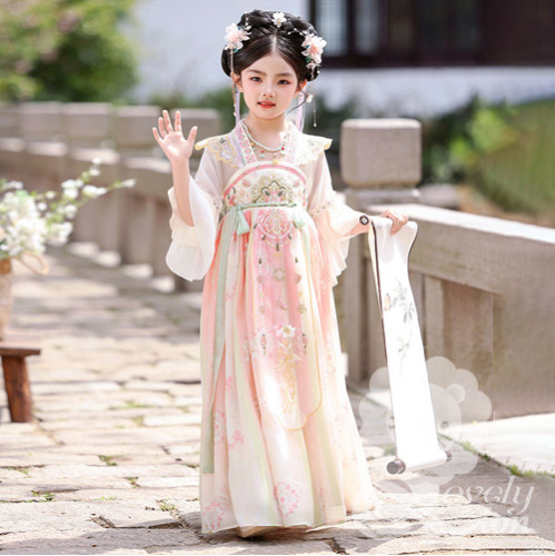 Bộ váy công chúa màu hồng xanh tay ngắn phong cách cổ trang