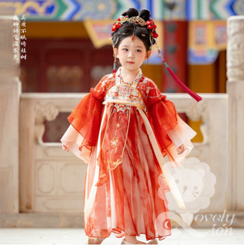 Bộ váy công chúa màu đỏ phong cách cổ trang cho bé gái