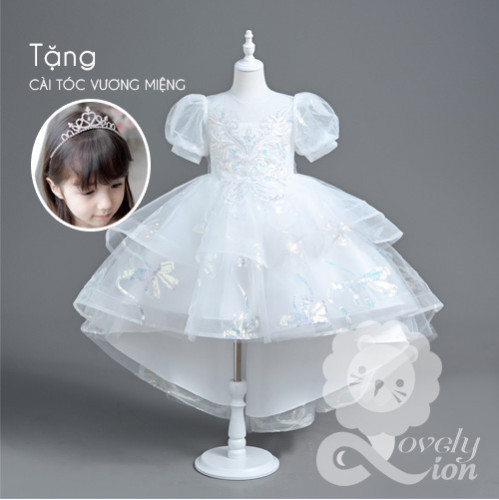 Đầm công chúa đuôi tôm màu trắng cho bé gái+tặng cài tóc vương miệng Đầm công chúa đuôi tôm màu trắng cho bé gái+tặng cài tóc vương miệng