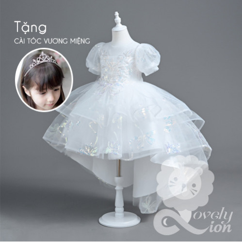 Đầm công chúa đuôi tôm màu trắng cho bé gái+tặng cài tóc vương miệng Đầm công chúa đuôi tôm màu trắng cho bé gái+tặng cài tóc vương miệng