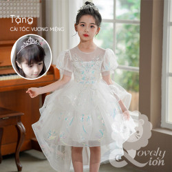 Đầm công chúa đuôi tôm màu trắng cho bé gái+tặng cài tóc vương miệng