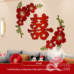 Set chữ hỷ to và bông hoa trang trí đám cưới